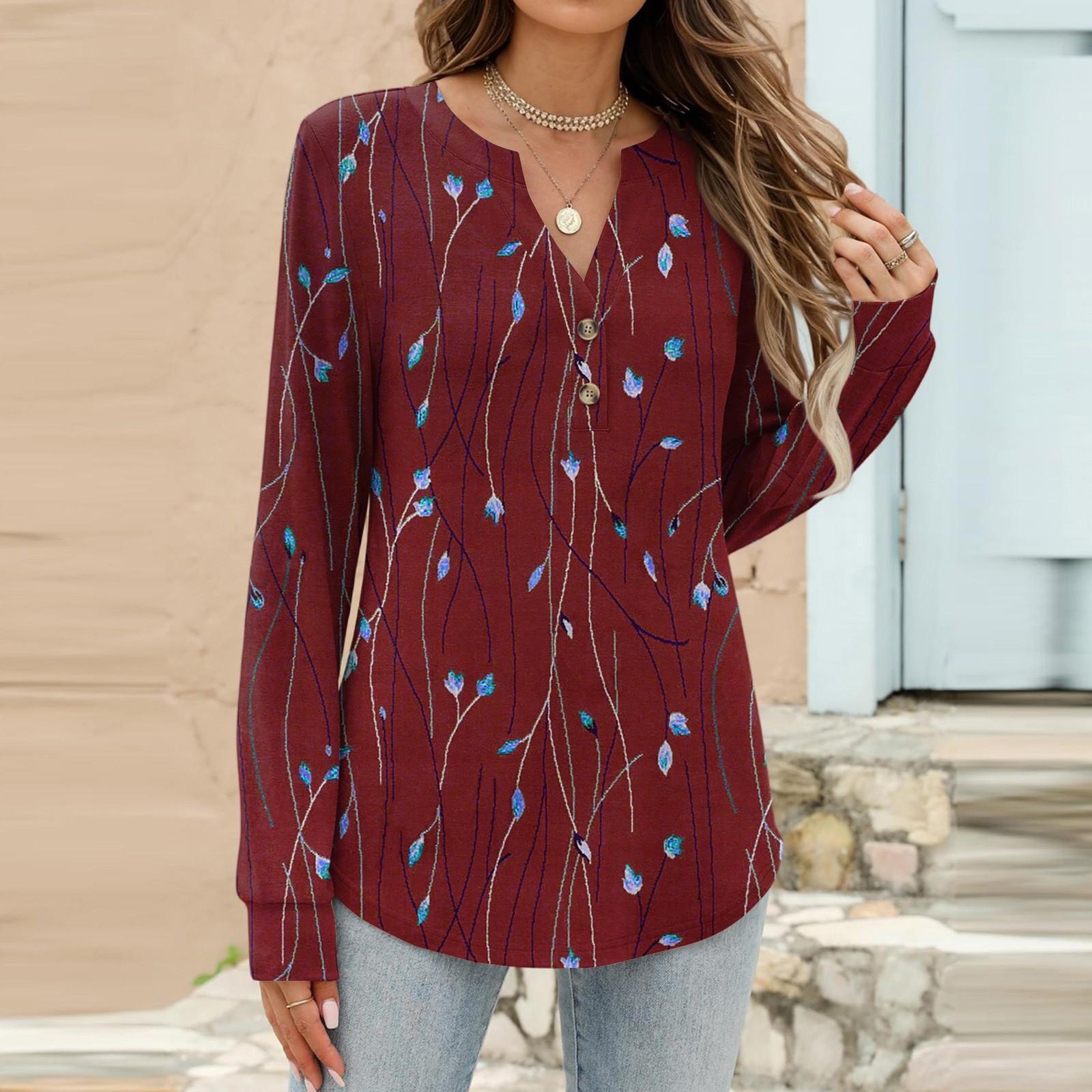 

Women s Fashion Casual Floral Print Long Sleeve T-Shirt Pullover Top XL винний