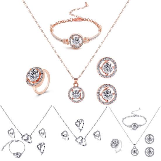 4Pcs/Set Necklace Earrings Ring Bracelet Hollow Out Heart Pendant Jewelry Korean Style Simple Jewelry Set for Daily Wear