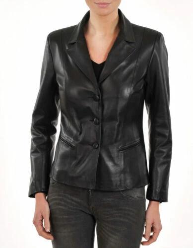 Blazer Handmade Designer Formal Casual Genuine Lambskin Leather Black Women's