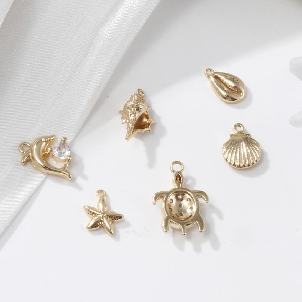 5pcs/set Ocean Shell 3d Brass Charms 18k Gold Plated With Transparent Zircon Marine Brass Pendant Summer Necklace Findings