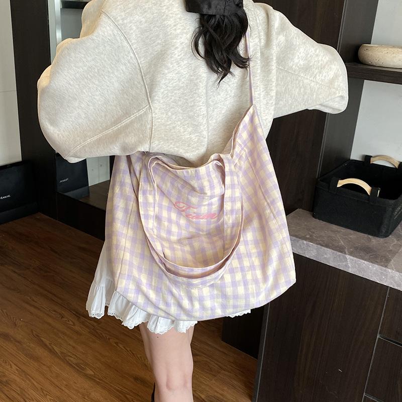 Spring and summer cute plaid shoulder bag, new letter cloth bag, large-capacity student class tote bag