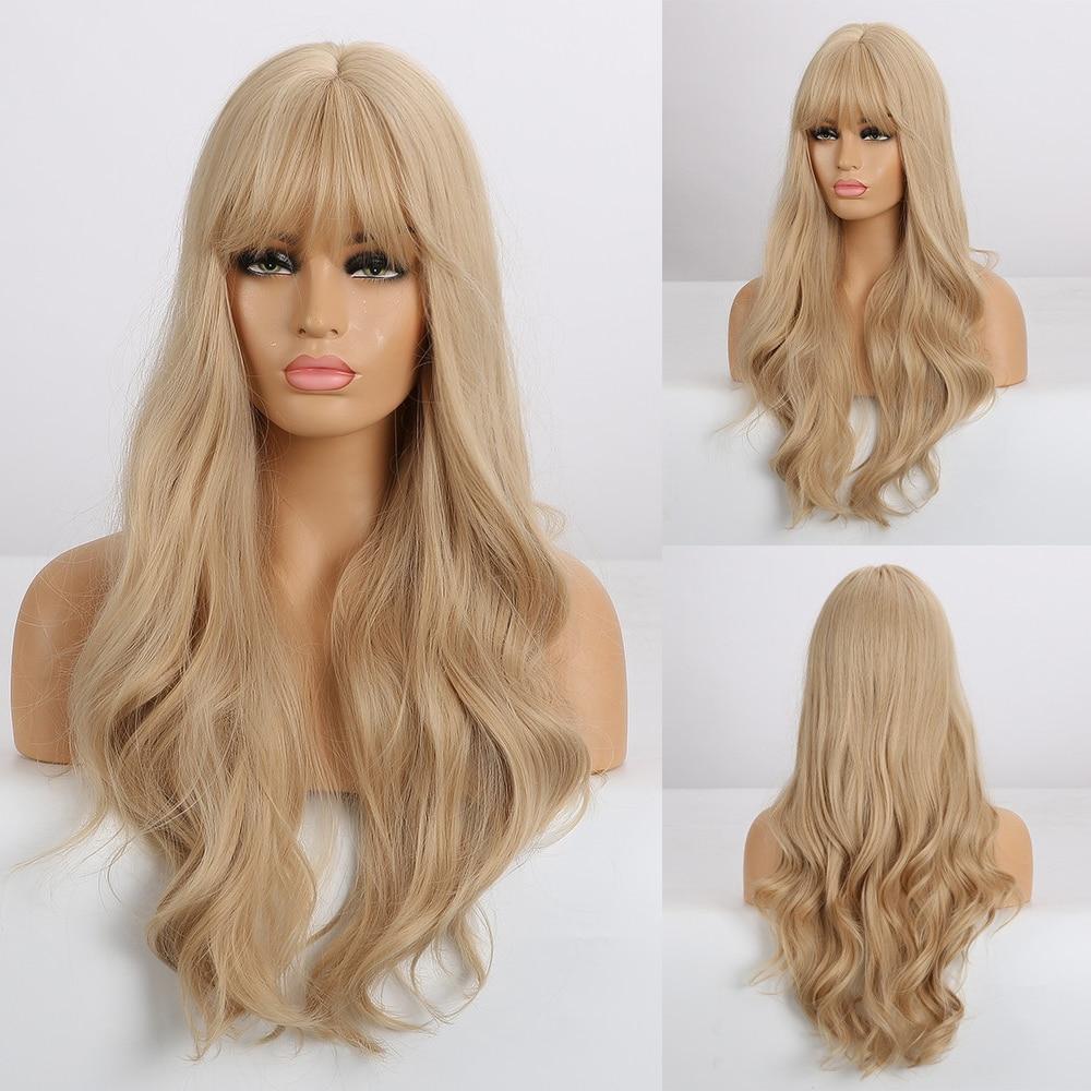 EASIHAIR Dlouhé růžové ombré vlnité syntetické paruky s ofinou, paruky z přírodních vln pro ženy, cosplay, denní paruky, vlákno odolné vůči teplu