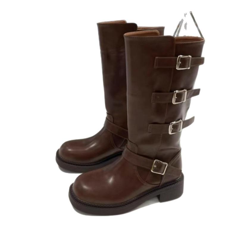 Spice Girl Belt Buckle Pile Boots Women's Leather But Knee Boots High Boots Brown Big Tubular Rider Boots