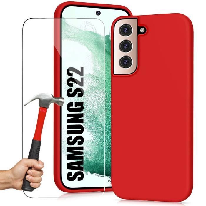 Coque - Samsung - Galaxy S22 - Silicone Antichoc - 2 Verres Trempés - Rouge