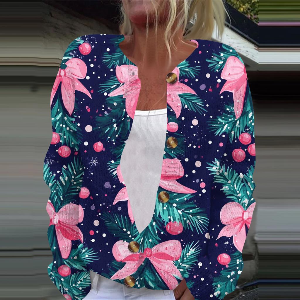 Women's Fashion Printed Long Sleeve Knitted Cardigan Button Down Jacket