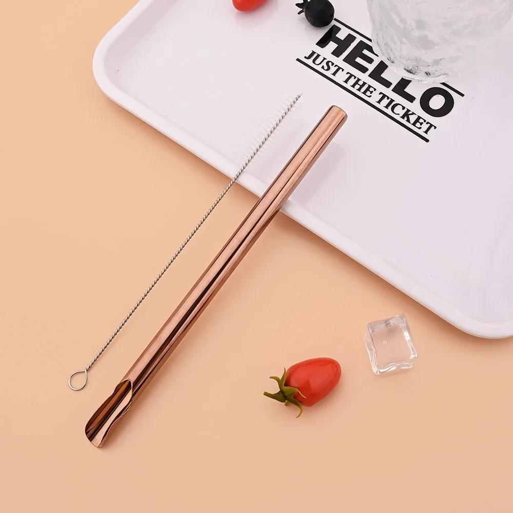 2Pcs/Set Reusable Drinking Straw Stainless Steel Straw Wide Metal Straws Set Milkshake Bubble Tea Straw with Cleaner Brush