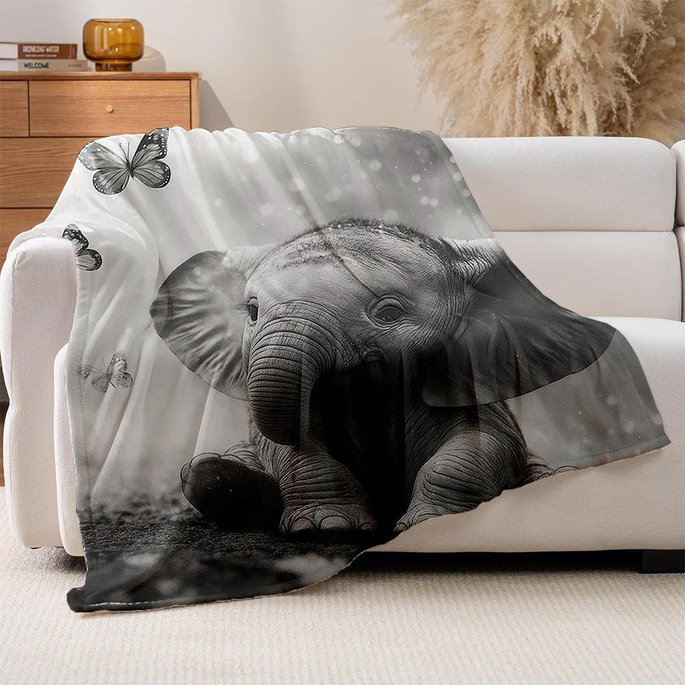 1pc Cute Elephant & Butterfly Black White Grey Plush Fleece Blanket - Soft Thick Warm All-Season Bedspread, Room Decor, Couch