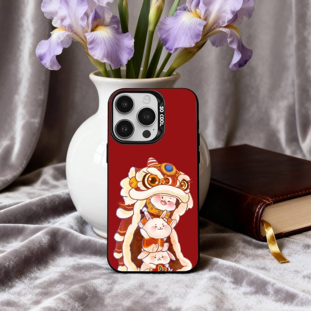 Чехол для телефона с китайским рисунком «Танец льва» для iPhone 17, 16, 15, 14, 13, 12, 11 Plus, Pro Max Черный Конфетный Посеребренный Чехол iPhone16