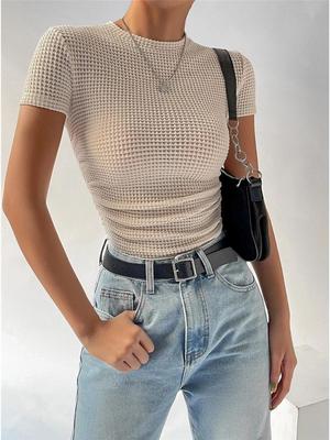 Europäisches & Amerikanisches Damen Slim Ruched Rundhals Strick Kurzarm T-Shirt - Frühjahr/Sommer Kollektion