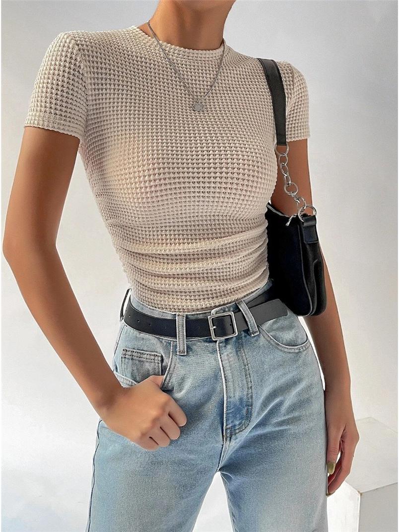 

European & American Women s Slim Ruched Round Neck Knit Short Sleeve T-shirt - Spring/Summer Collection Medium