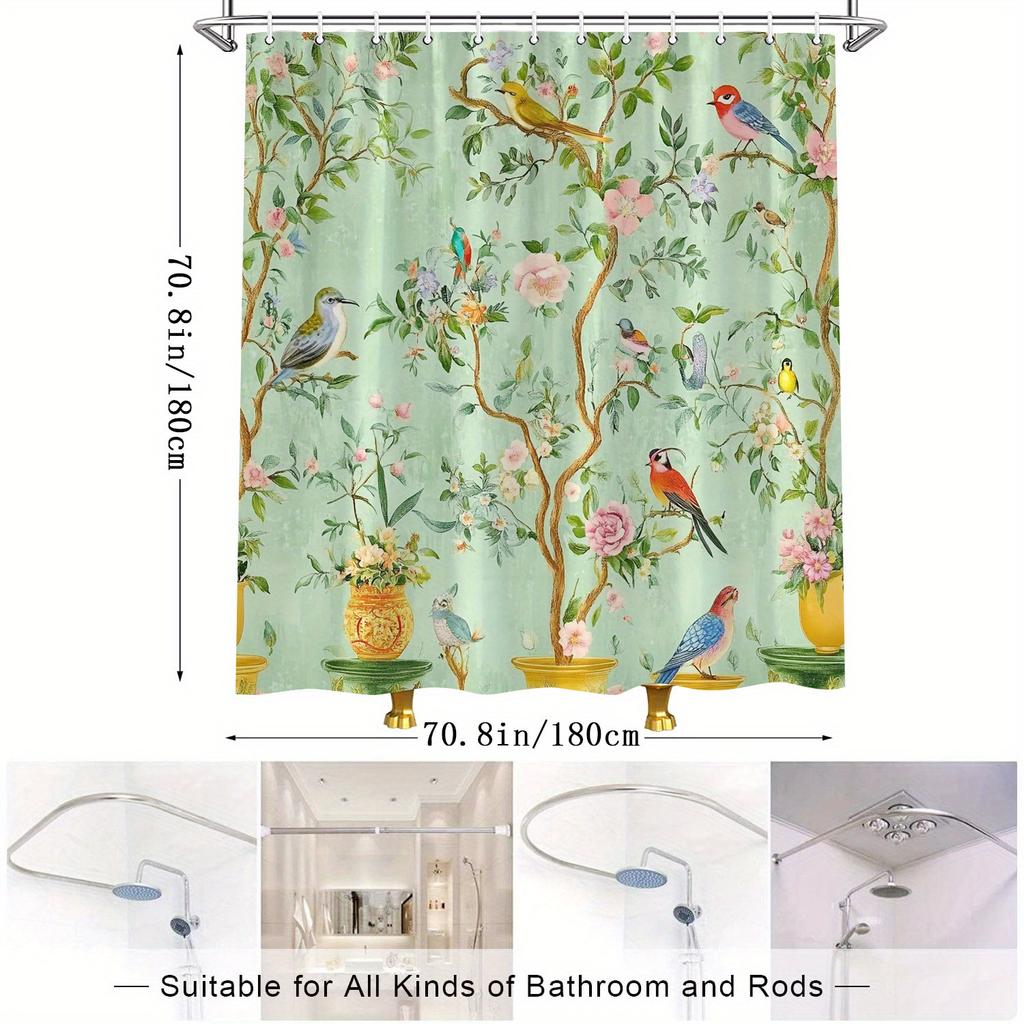 Charming Birds And Blooming Flowers Waterproof Shower Curtain For Bathroom Decor, Adding A Touch Of Nature'S Beauty