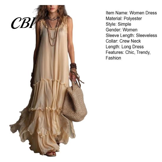 Abito estivo con texture morbida, a balze a più strati, svasato per donna, Boho Beach, traspirante, gonna in chiffon, maxi abito estivo fluttuante, senza maniche, linea ad A, ampio, lungo, da donna
