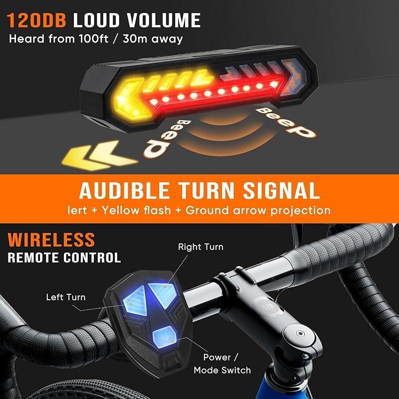 Bike Turn Signal Light with Remote, 120dB Horn & Ground Projection, Wireless LED Safety Warning Light for Bicycle