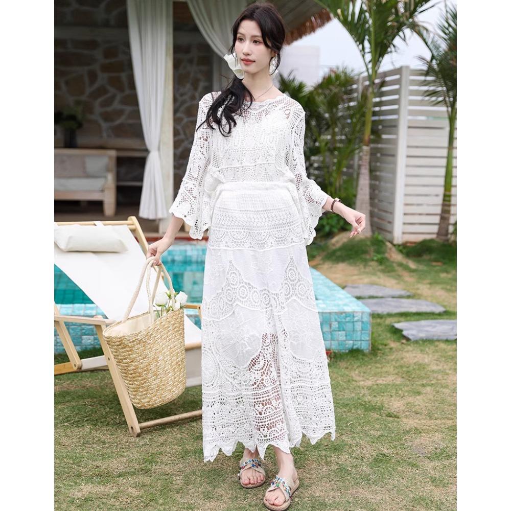 DIMANAF 2025 Women New Suit Skirt Knitting Beach Short Sleeve Lace Hollow Out Sexy O-Neck Hollow Summer Style Tops Tees Loose Basic