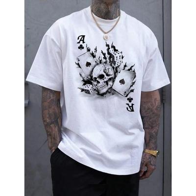 Cotton Men's Street Style Fleece Loose Size Comfortable Skulls&Poker Cards Print Slim Fit Casual Sports Round Neck Short Sleeved T-shirt
