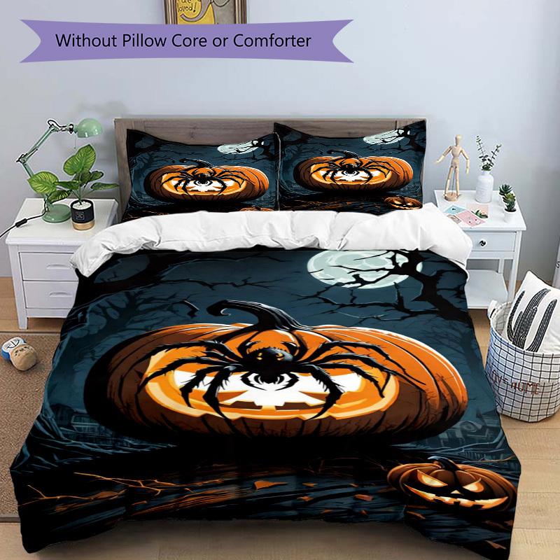 3pcs Spider-themed Jack-o'-lantern Duvet Cover Set - Includes 1 Duvet Cover and 2 Pillowcases, No Quilt Core, All-Season Home Decor Yy251111019