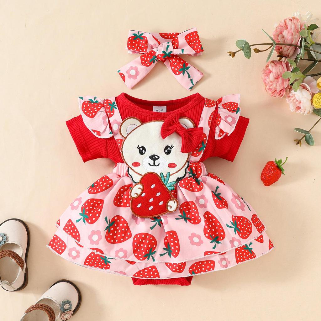 Summer 2026 Strawberry Bear Ribbed Triangle Romper with Faux Straps