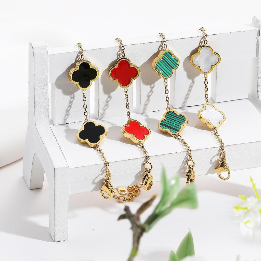 AIPPK 18K Gold Plated Clover Lucky Bracelet for Women White/Black/Red/Green Flower Four Leaf Link Bracelets Trendy Jewelry Gifts for Women