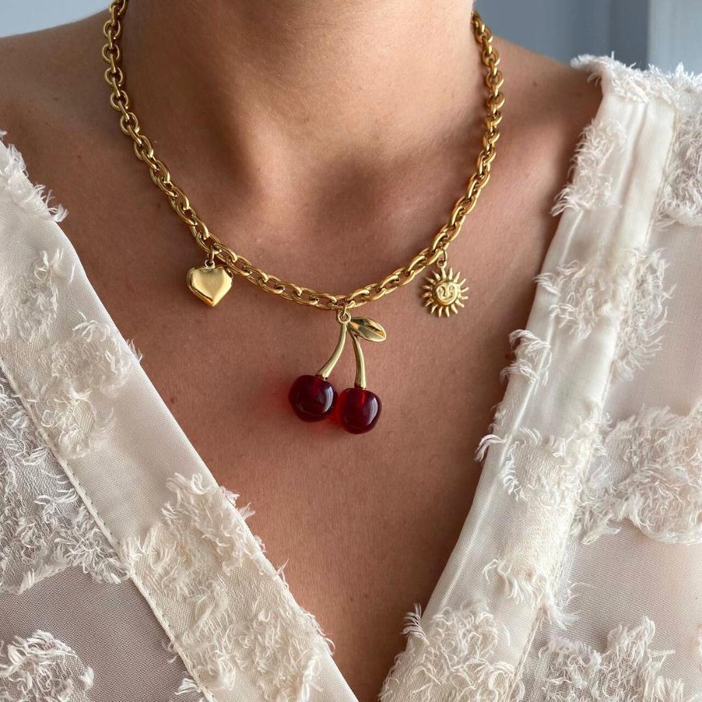 Cherry Girl Red Pearl Pendant Earrings & Bracelet Necklace Set - Titanium Steel with Color Retention