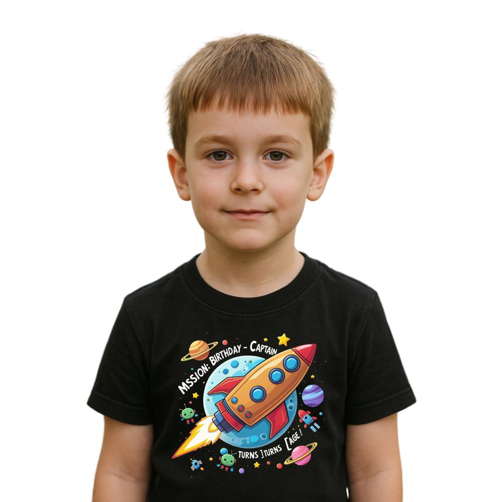 Kids Space Birthday T-shirt Rocket Captain Personalised Age Boys Girls Party Tee