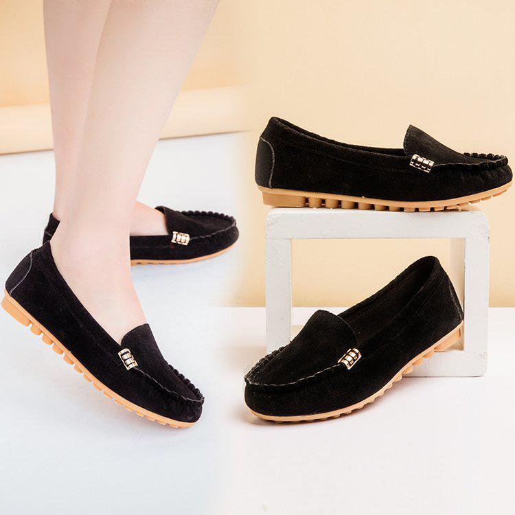 Women's Flat Single Shoes Four Seasons Large Size Bean Shoes Frosted Breathable Shallow Flat Heel Versatile Non-slip Women's Shoes Trend
