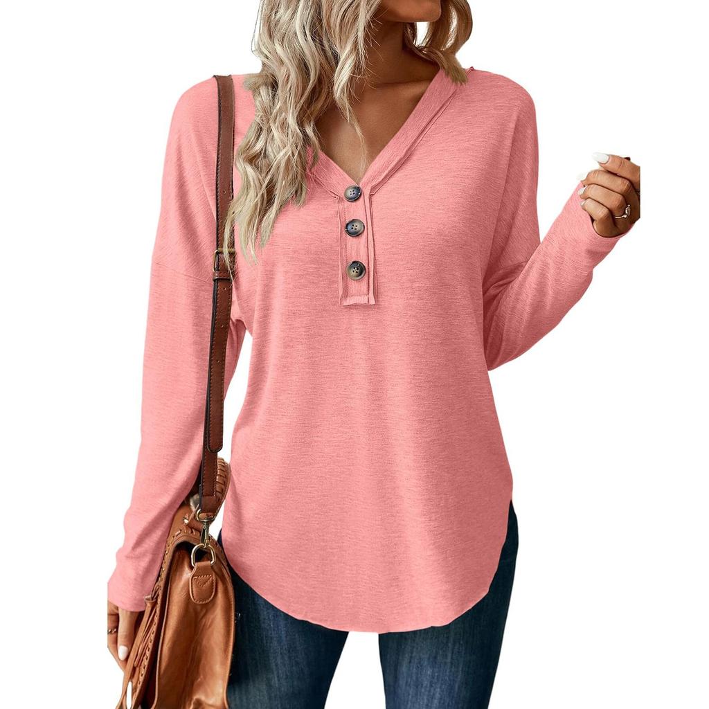 Tops For Women Long  Sleeve  Pullover V Neck Button Casual  Shirts  Top