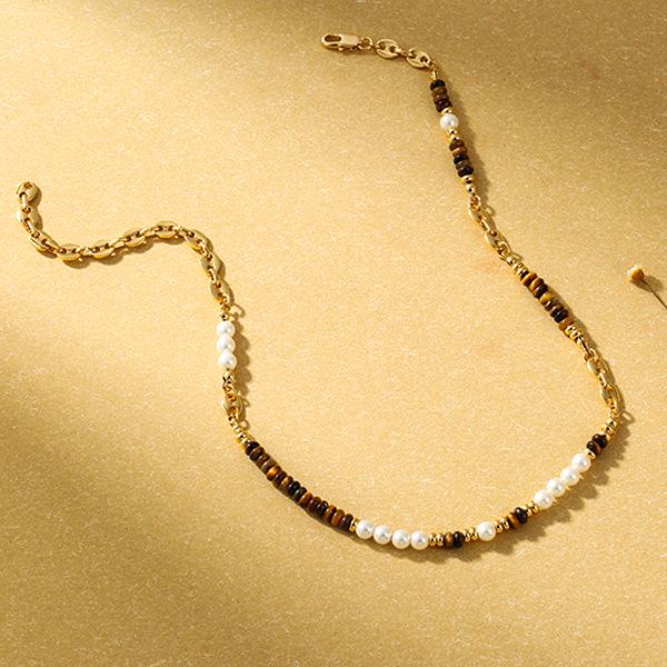 Tiger Eye & Pearl Clavicle Necklace - Luxurious, Versatile, Vintage Pendant for Summer