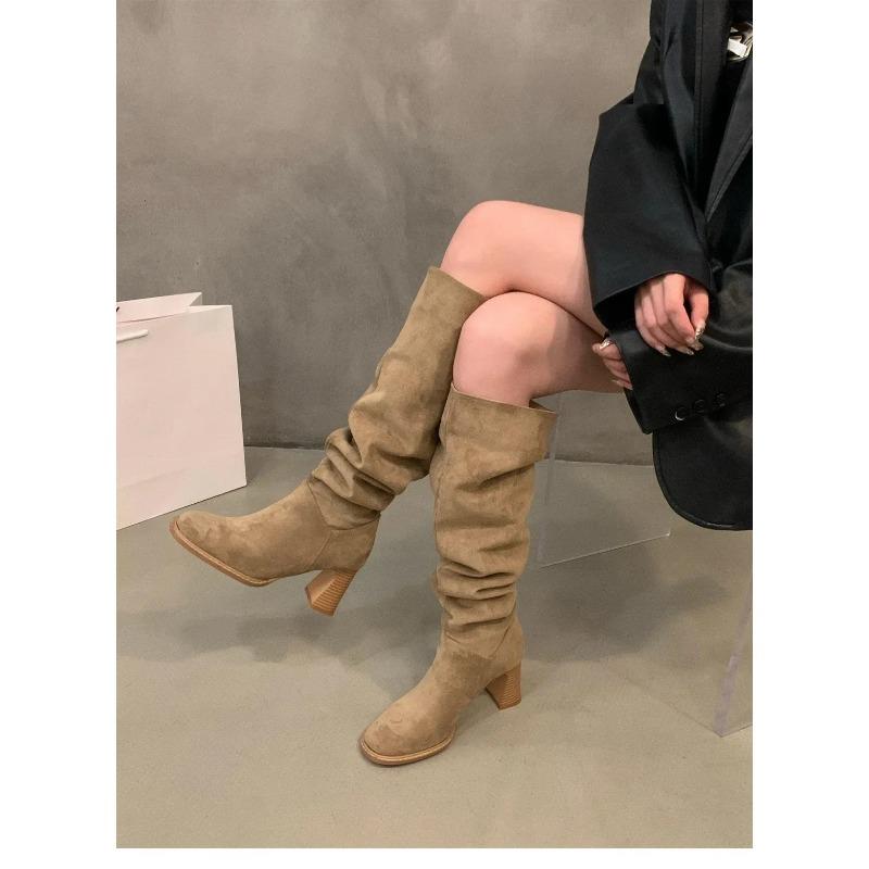 Men Women Winter Boots Fashion Ladies Shoes Sleeve Women'S Keep Warm Pointed Toe Suede Solid High Tube Chunky Heels Female