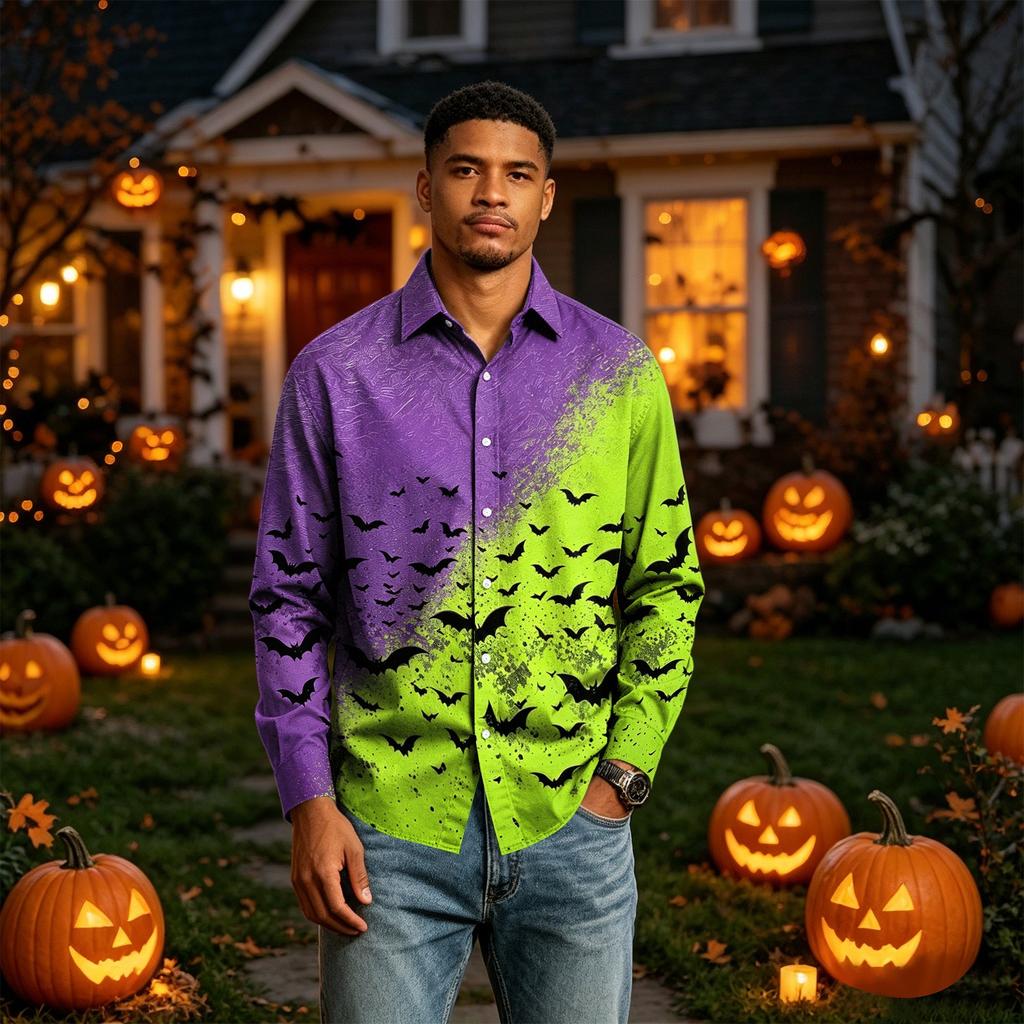 Men's Long Sleeve Button Down Halloween Print Shirt for Party Costume
