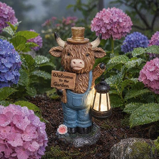 Garden Highland Cow Statue with Battery Powered Lantern, Small Highland Cow Figurine with Welcome Sign, Outdoor Resin Sculpture for Lawn, Patio, Porch