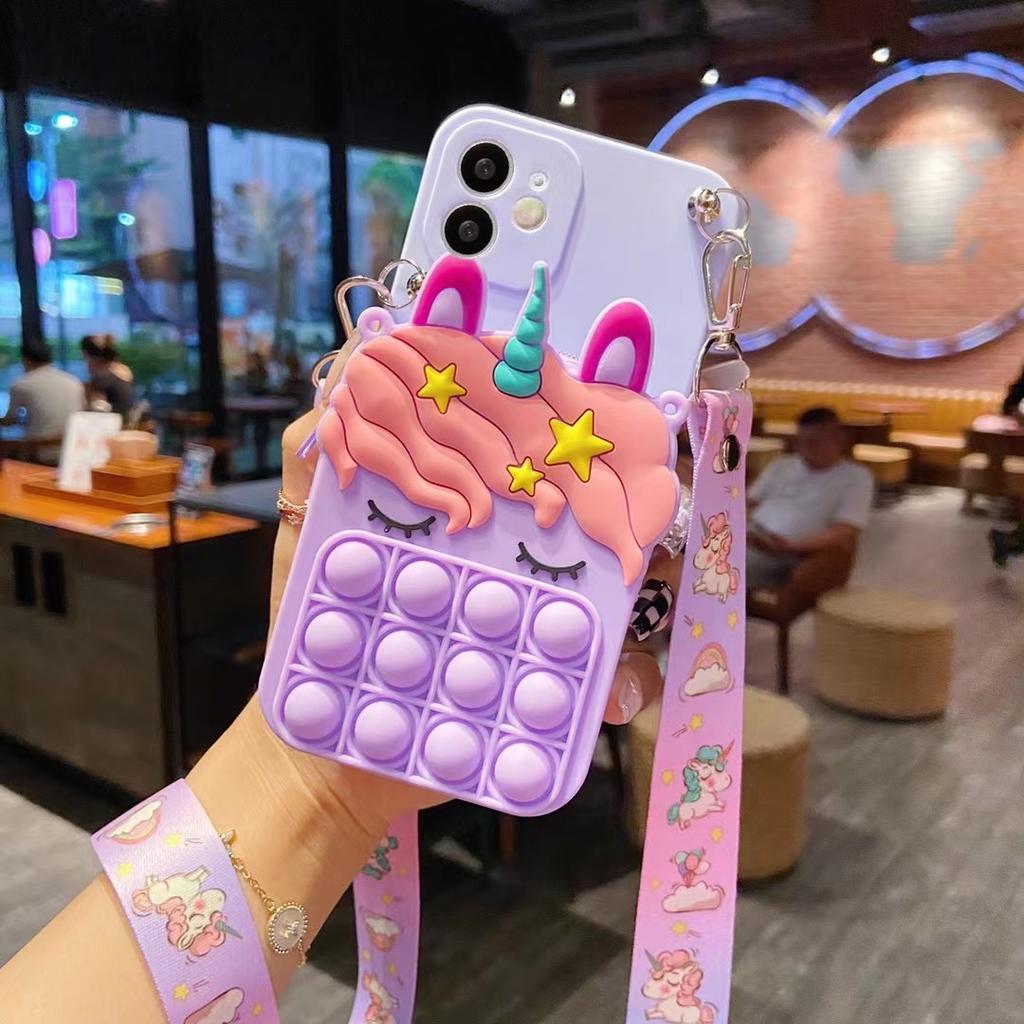 3D Cartoon Reißverschluss Geldbörse Handyhülle Für iPhone 8 7 6 6s 5 Plus X XR XS Max SE Lanyard Riemen Halskette Einhorn Blasen Hülle