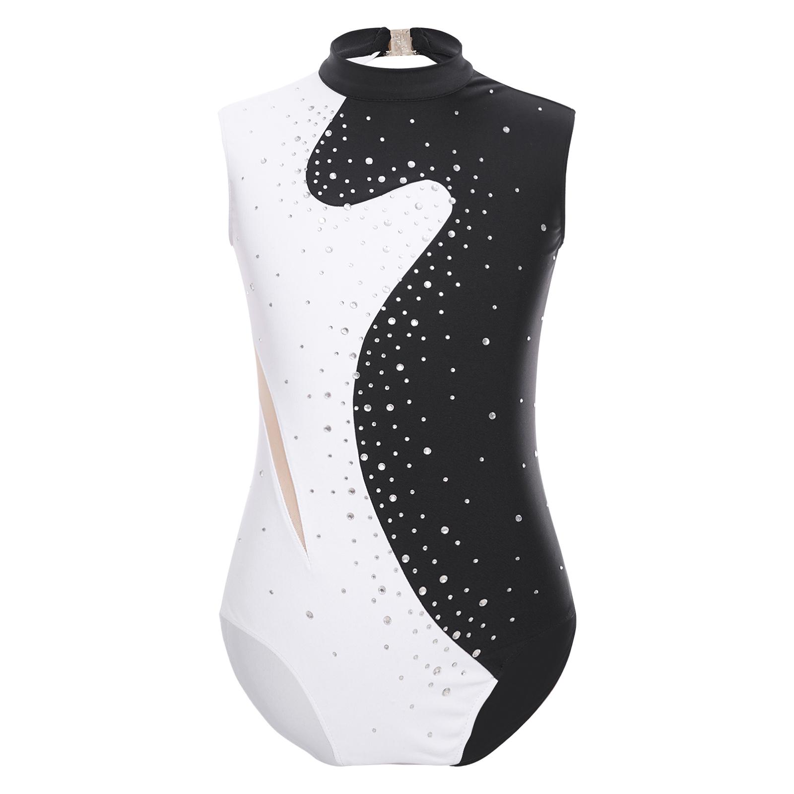 

Girls Color Block Dance Leotard Sparkling Rhinestones Keyhole Back Design Gymnastics Figure Skating Jumpsuit