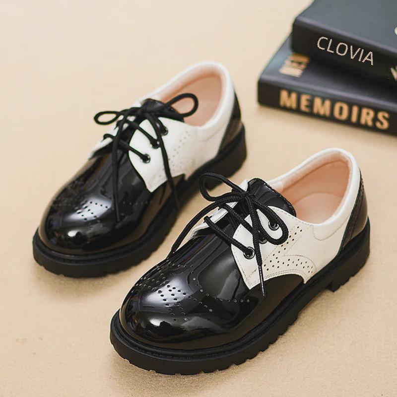 Boys' Black Leather School Shoes - Soft Sole, Floral Design, Korean Style