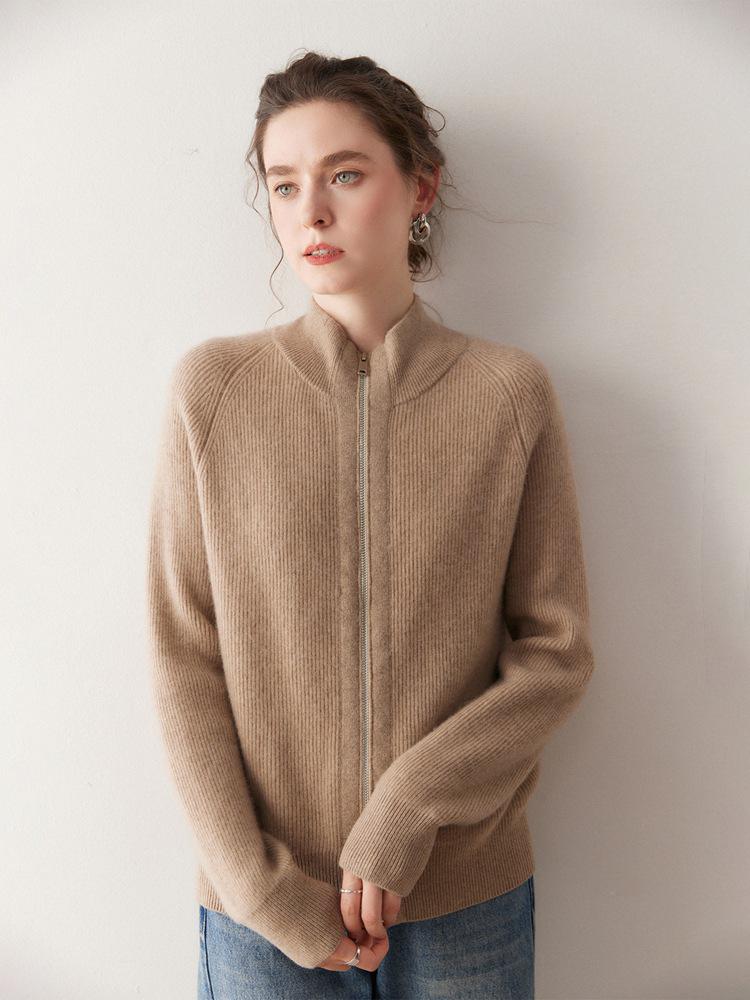 Primo Sguardo Ipnotizzante: Cardigan a maglia larga da donna con colletto alto in cashmere e doppia zip