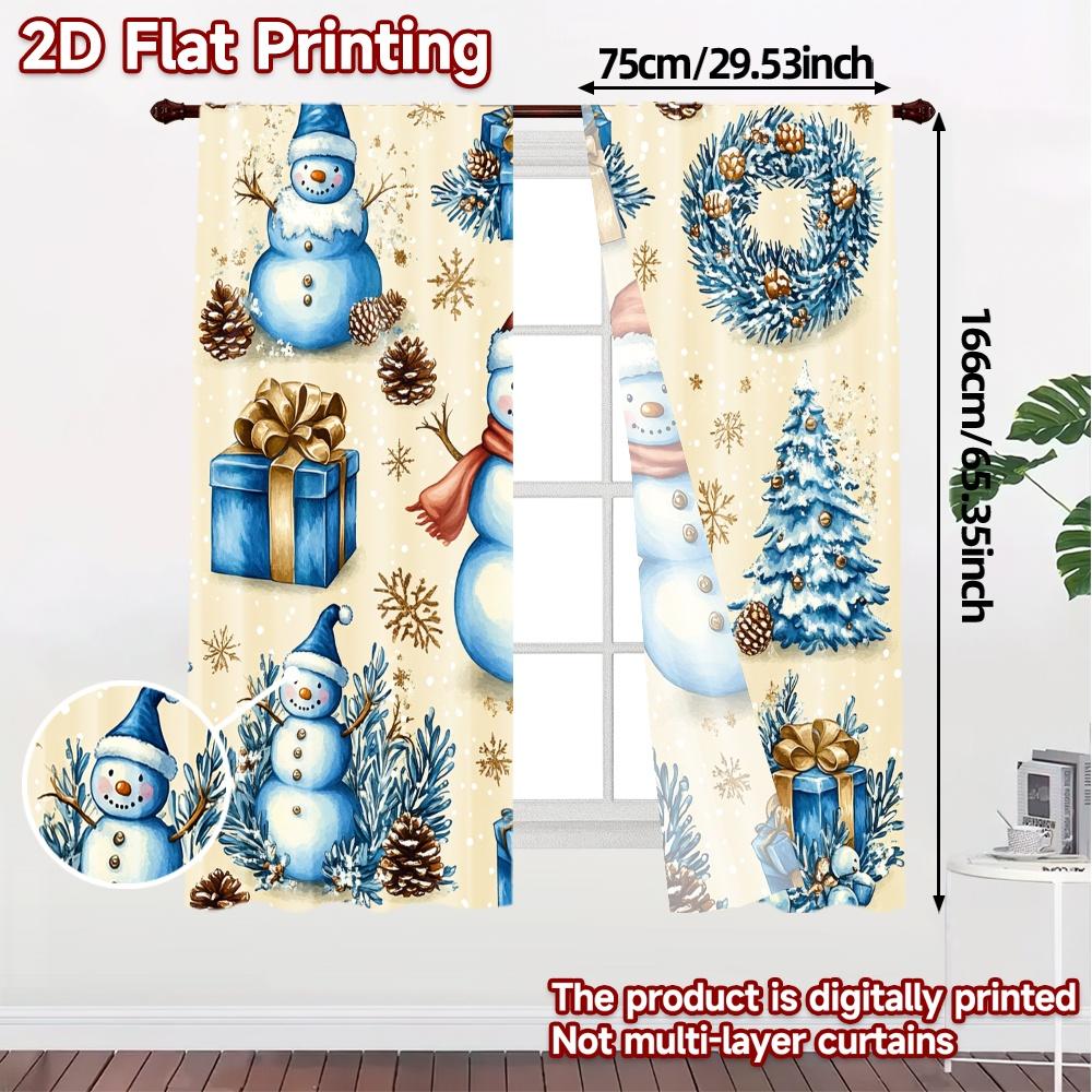 2pcs,Curtains Cute Snowman Christmas Wreath Festive Season Chic Minimalist Curtains Polyester Easy Install Curtains All Seasons