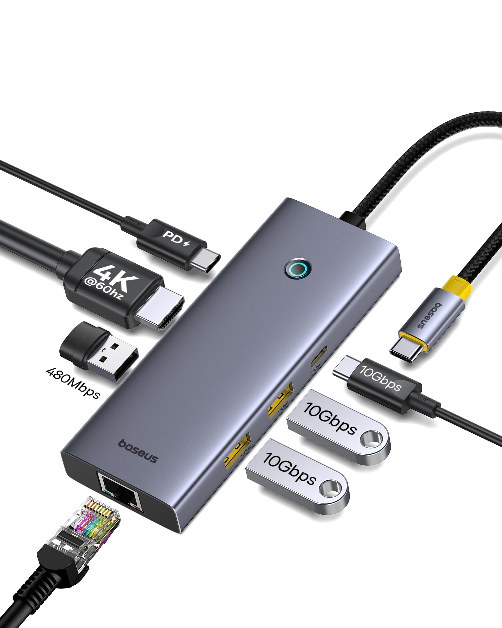 Baseus Хаб 4K HDMI Хаб 10 Гбит/с Высокоскоростная передача данных x 3 Порта расширения LAN 1 Гбит/с Ethernet Уникальная функция кнопки выключения экрана USB PD100W Быстрая