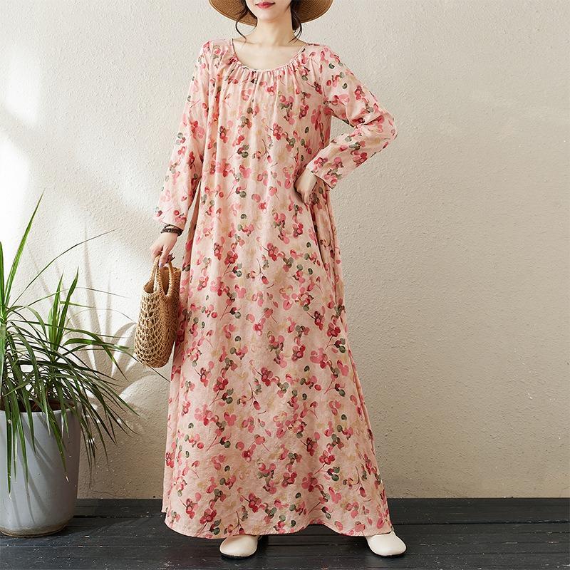 Dress A Variety of Color Holiday Style Travel Round Neck Vintage Flesh-covered Cotton Hemp Long Dress