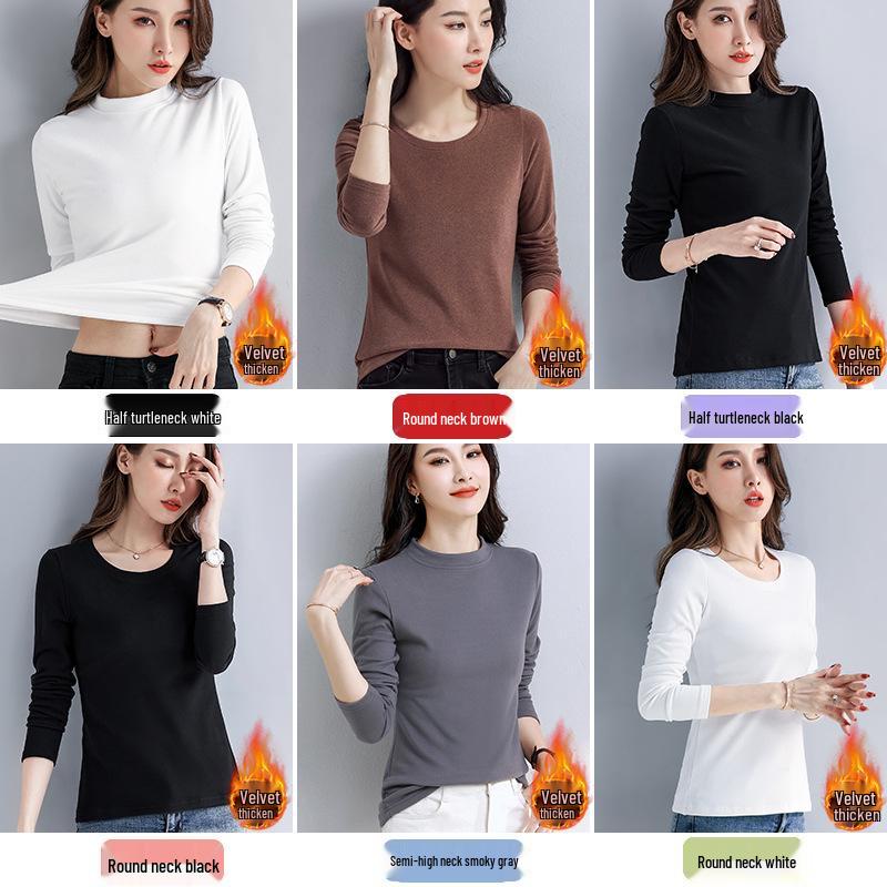 Women's Black Slim Fit Long Sleeve Thermal Top - Plush, Thickened for Warmth, Autumn/Winter 2025.