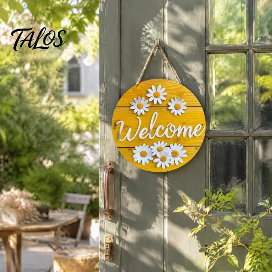 Wooden Sign Gift for Friends Daisy Welcome Front Door, Rustic Farmhouse Hanging Wall Decor Spring Door Hanger with Hemp Rope, Wood Plaque Home