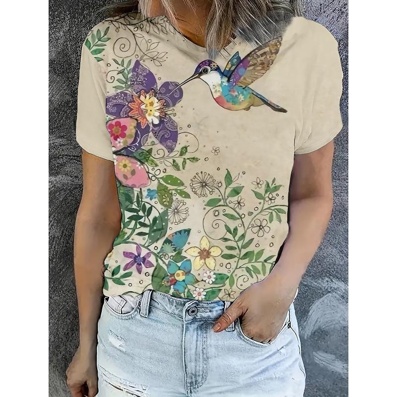 Sommarmode Dam T-shirt Vackra Blommor Stilfullt Tryckt Casual Kortärmad Rundhals T-shirts Rundhals Vanliga Toppar