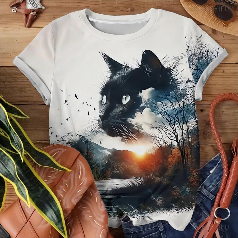 Fashion Woman Blouses 2022 T-shirt Women's 3d Cats Print Black Kawaii T Shirt Female Clothing Oversized Summer Top