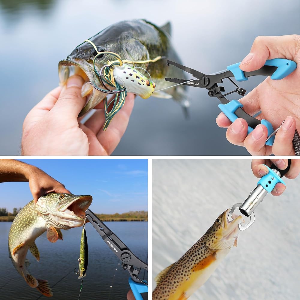 Mossy Oak Fishing Pliers Fish Grip Set 2 Pieces Stainless Steel Multi-Function Fishing Tool Kit with Storage Bag