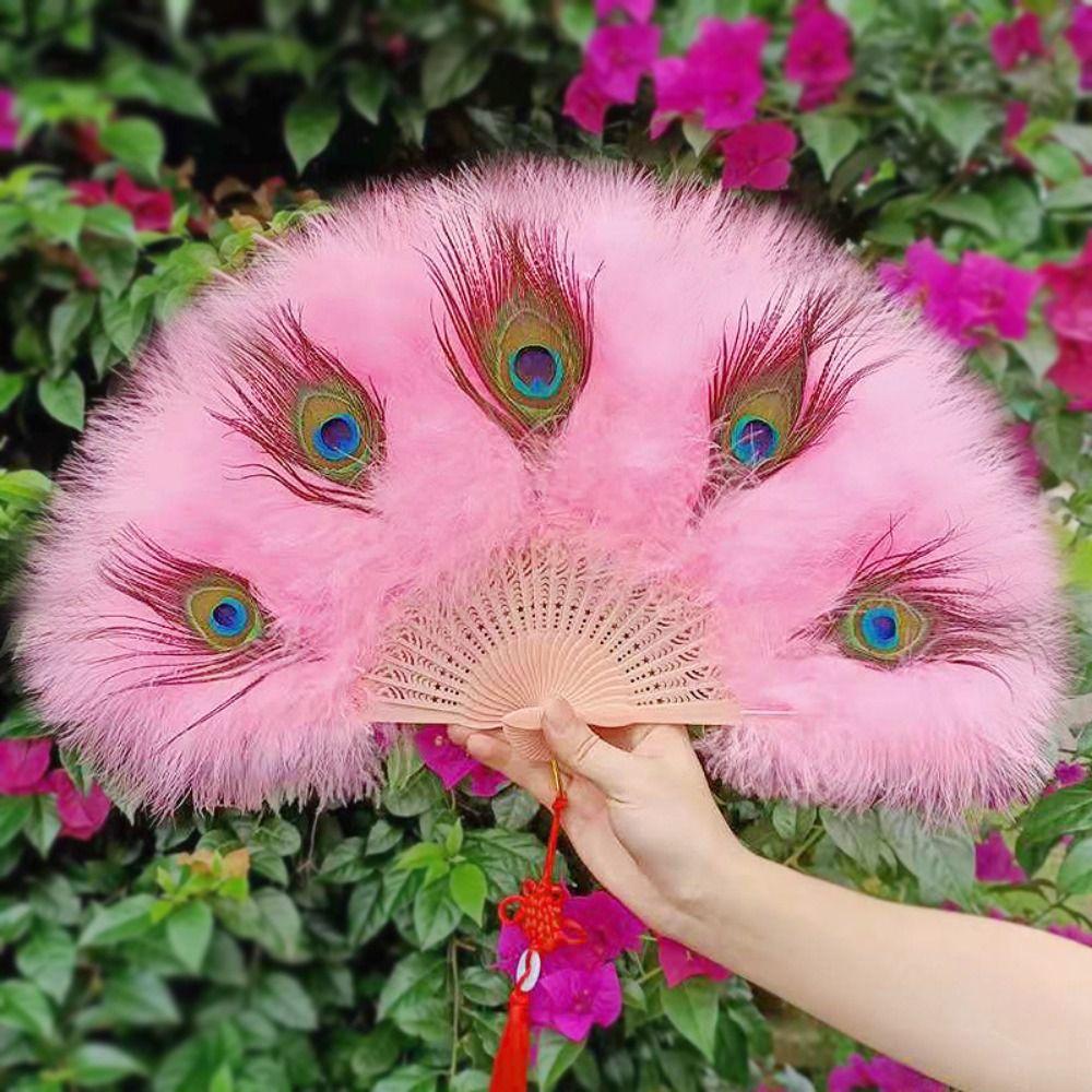 Handheld Peacock Feather Fan With Tassel Feather Dance Fan Elegant Folding Hand Fan  Home