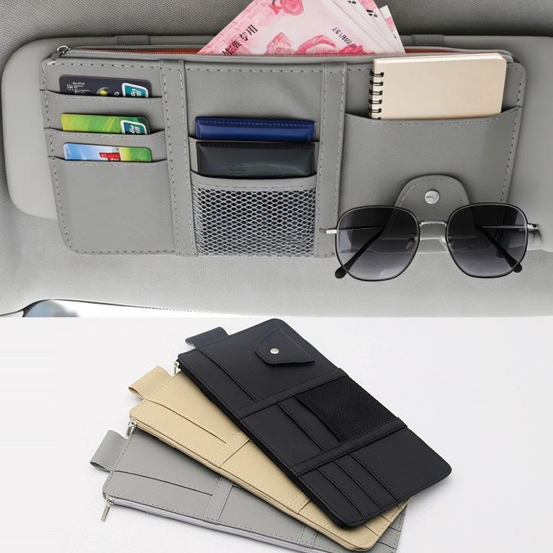 Multifunctional Car Visor Organizer Zippered Sunglasses Clip With Card Holder & Ticket Storage Pouch Auto Interior Accessories