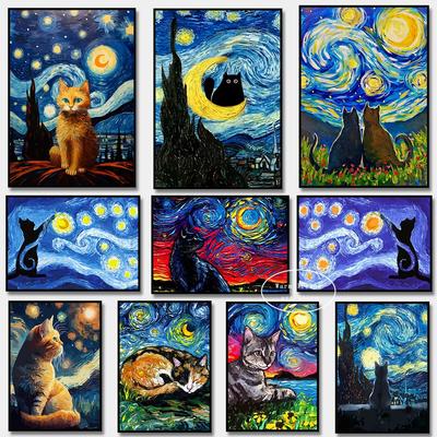 5D DIY Diamantmalerei Kreuzstich Stickerei Mosaik Lustige Schwarze Katze Blume Van Gogh Sternennacht Vollrunde Bohrer Heimdekoration Wandkunst Geschenk