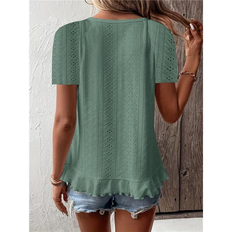 Women's Casual Hollow Out Ruffle Hem T-Shirt - Short Sleeve Round Neck Solid Color Top