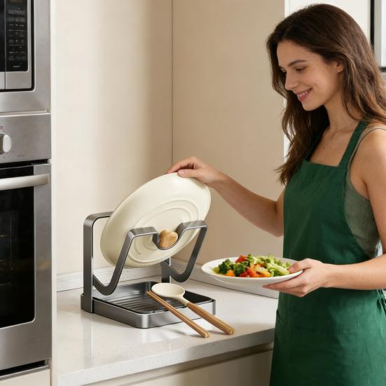 Countertop Pot Lid Kitchen Organizer with Spoon Pot Lid Holder While Cooking Rest Carbon Steel