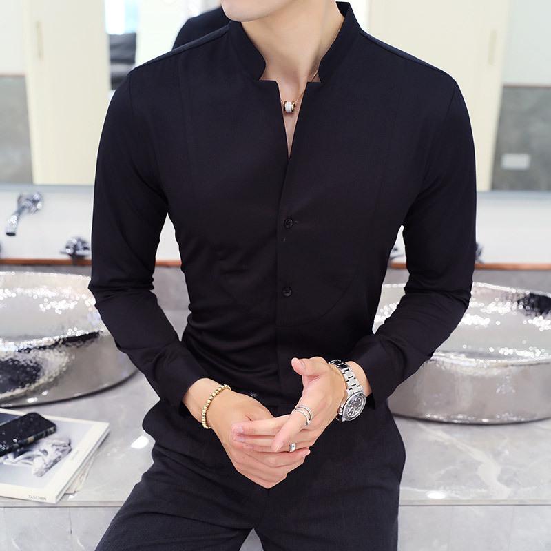 Trendy Stand-Collar Men's Patchwork Long-Sleeve Shirt - Three Colors, Plus Size, Hairstylist KTV Workwear Top