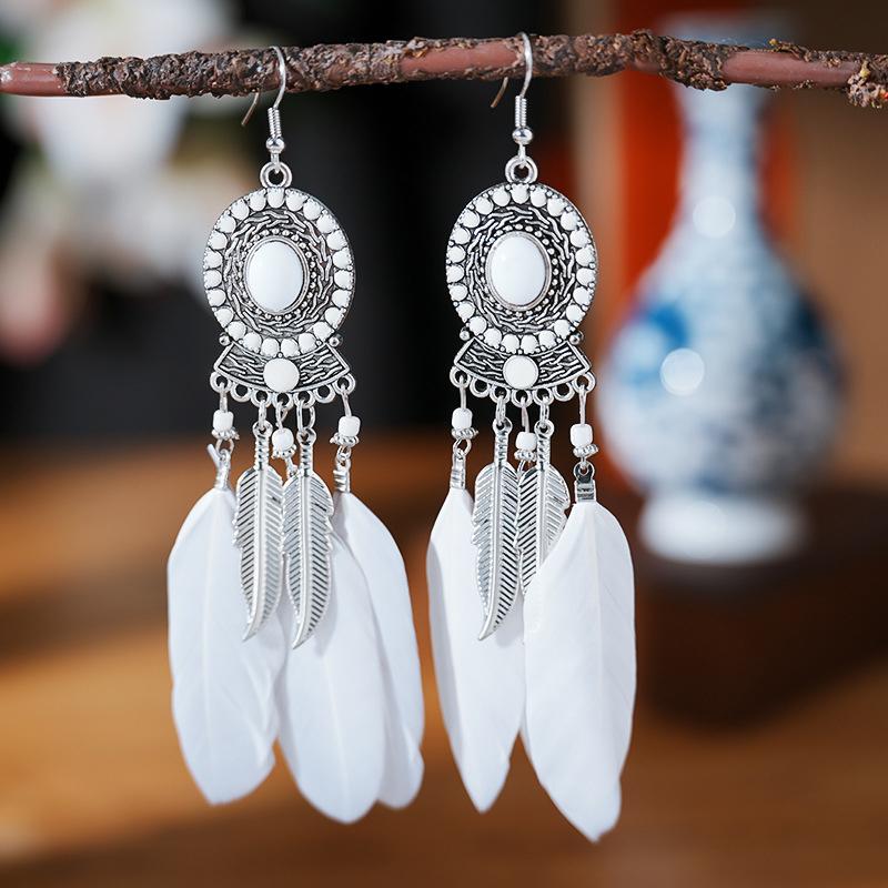Bohemian Ethnic Long Drop Feather Earrings For Women Beads Handmade Enamel Boho Dangle Earrings Silver Color Jewelry Pendientes