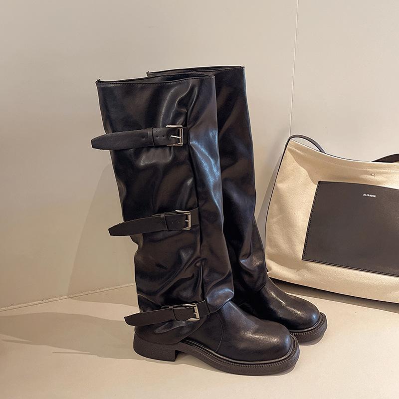 Modische vielseitige Stiefel mit runder Spitze und dickem Absatz für Damen, Herbst und Winter 2025, neu, mit Gürtelschnalle, dünne vielseitige Reiterstiefel